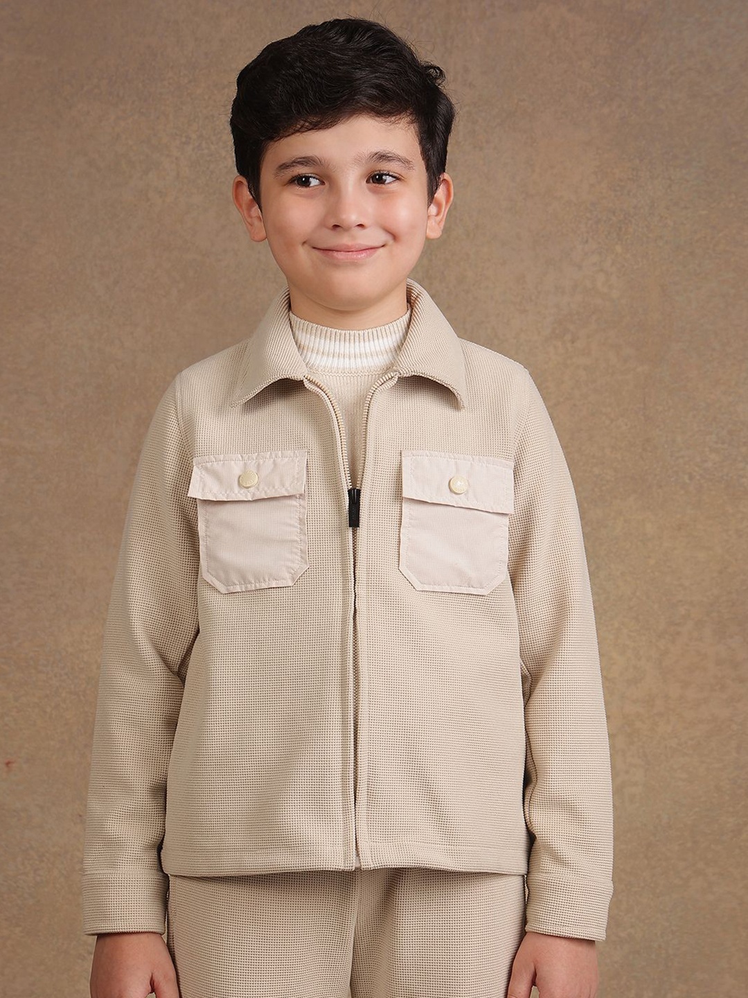 

One Friday Boys Spread Collar Self Design Casual Open Front Jacket, Beige