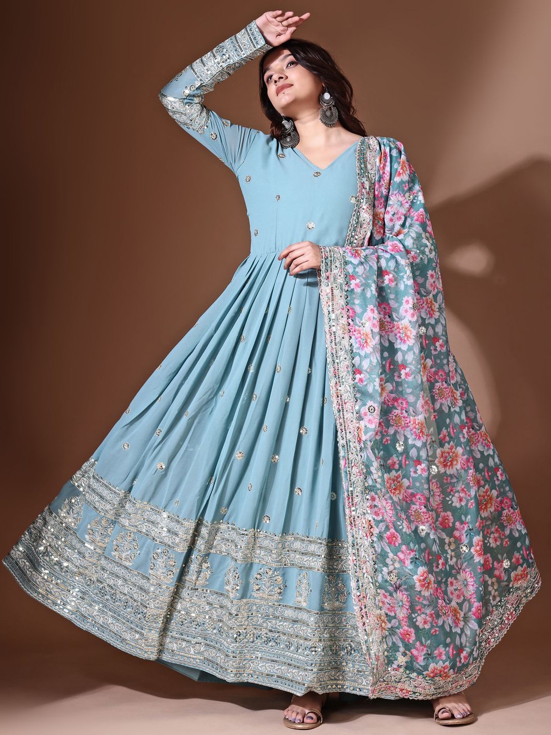

KALINI Floral Embroidered Georgette Anarkali Ethnic Dress With Dupatta, Blue