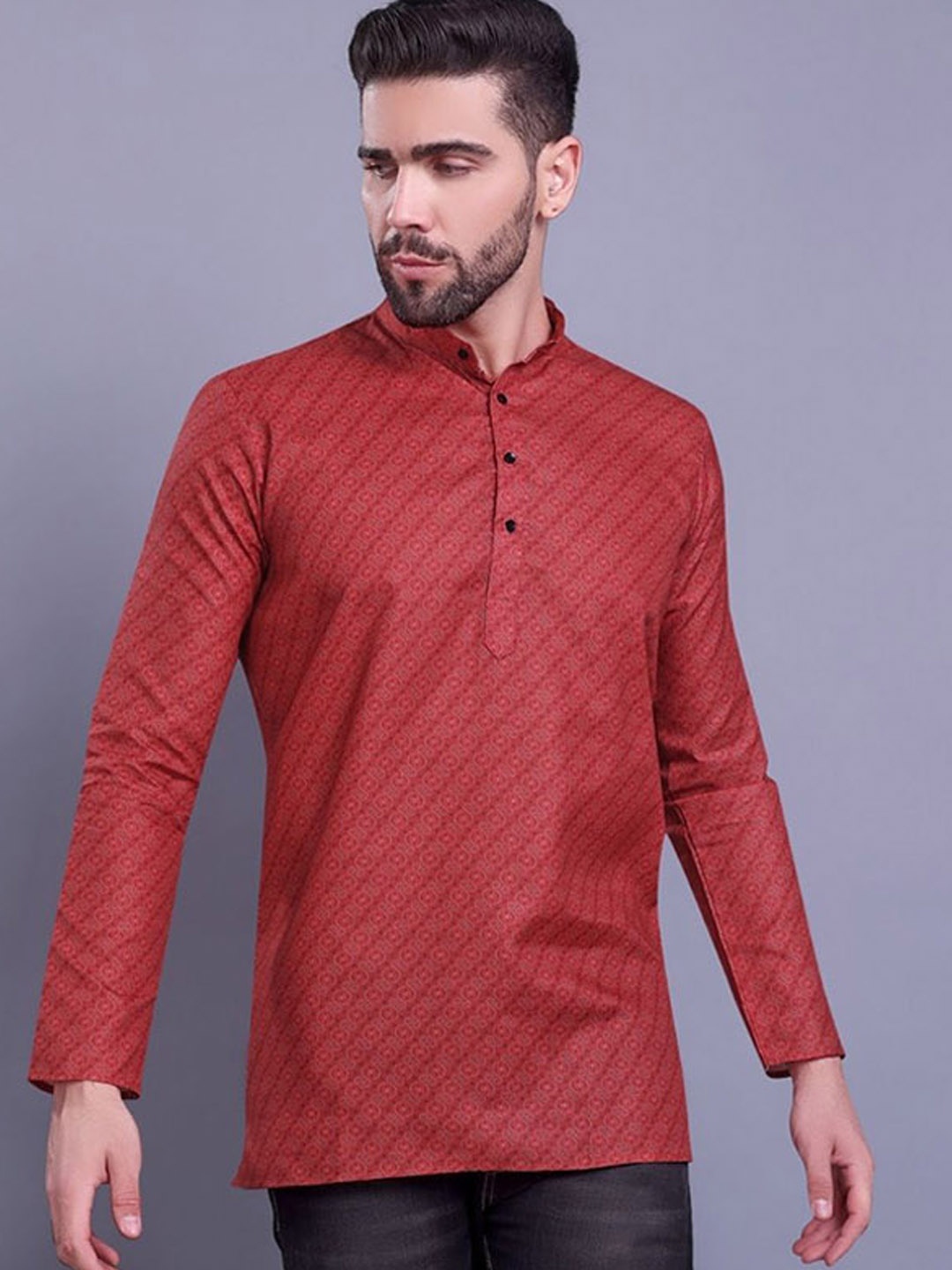 

ENCINO Bandhani Printed Mandarin Collar Straight Kurta, Red