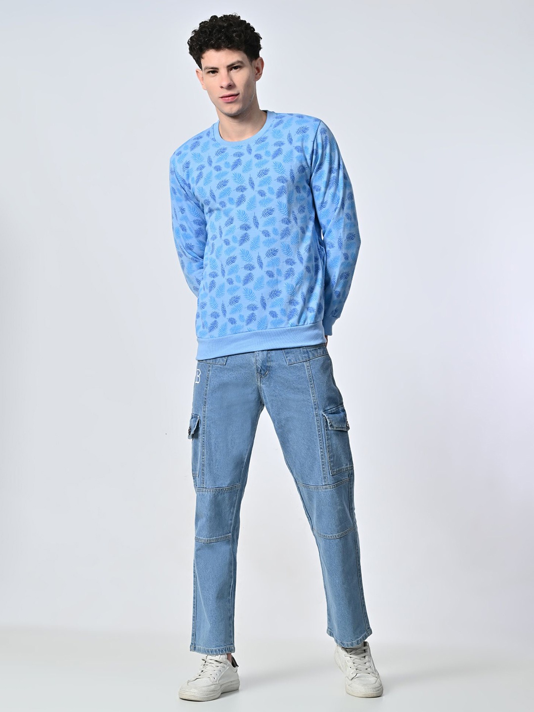 

BAESD Men Floral Printed Round Neck Fleece Pullover Ribbed Sweatshirt, Blue
