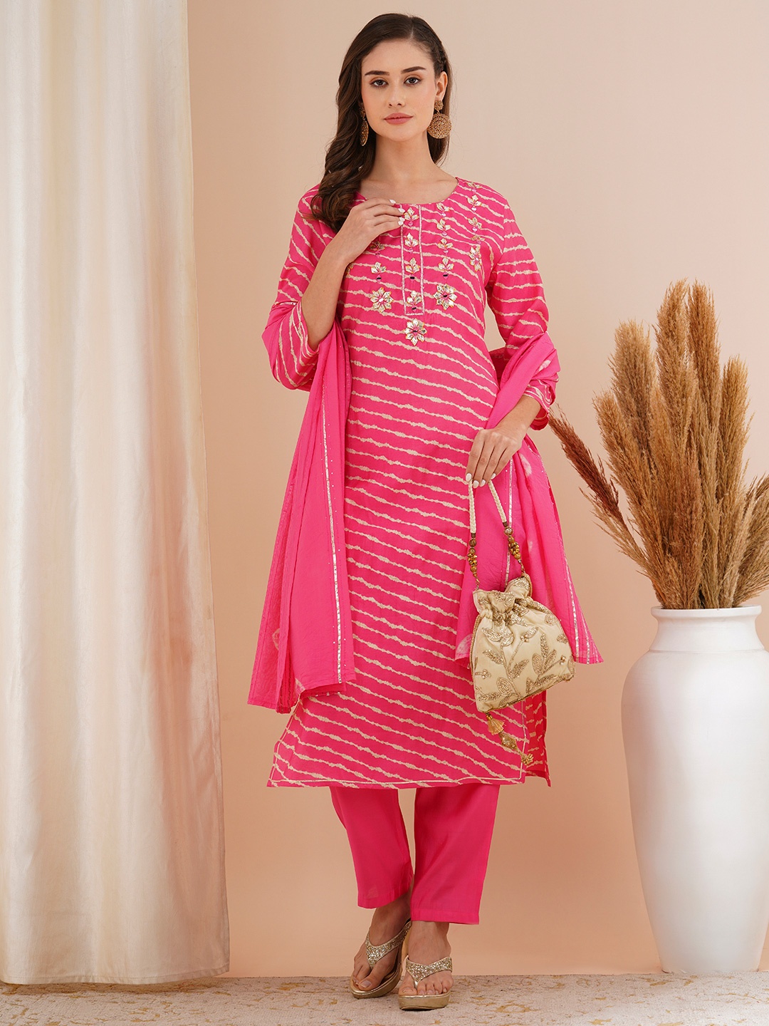 

FASHOR Leheriya Printed Gotta Patti Straight Kurta With Trouser & Dupatta, Pink