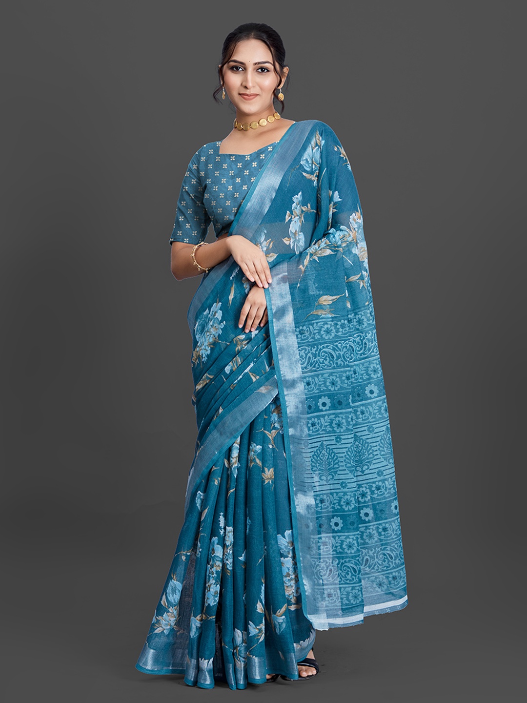 

NIRMAL CREATION Floral Printed Zari Saree, Blue