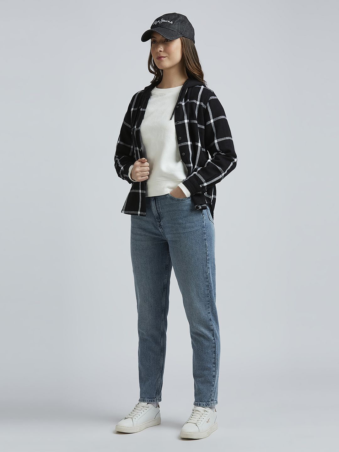 

Pepe Jeans Women Hood Tartan Checked Cotton Casual Shirt, Black