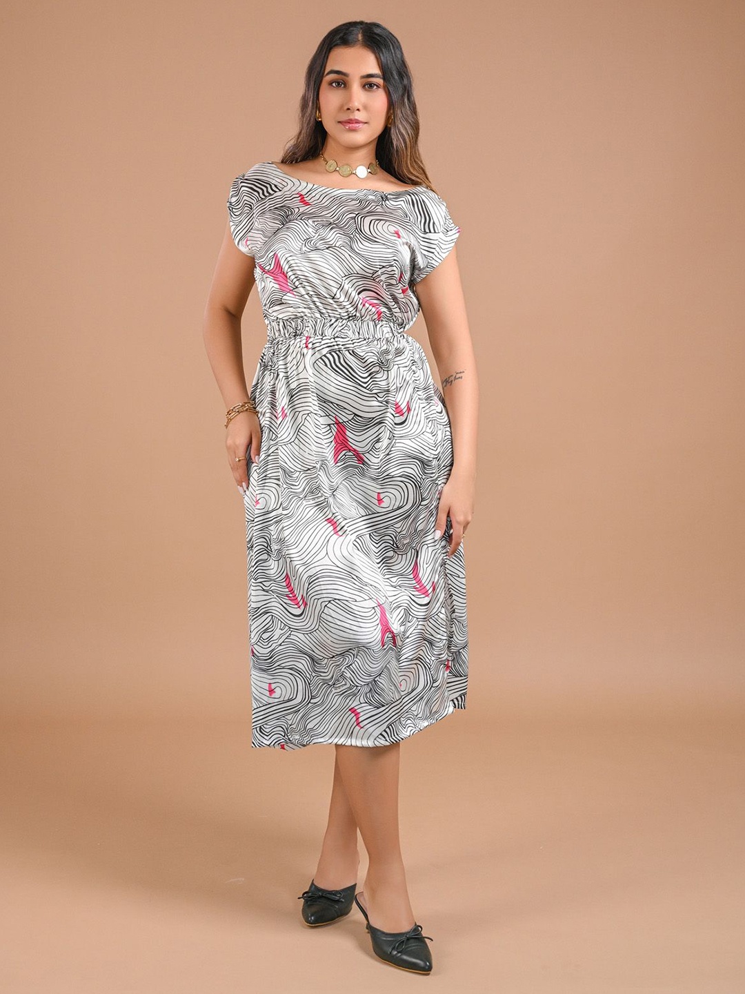 

aaRVee STUDIO Women Boat Neck Cap Sleeves Print Fit and Flare Midi Dress, White