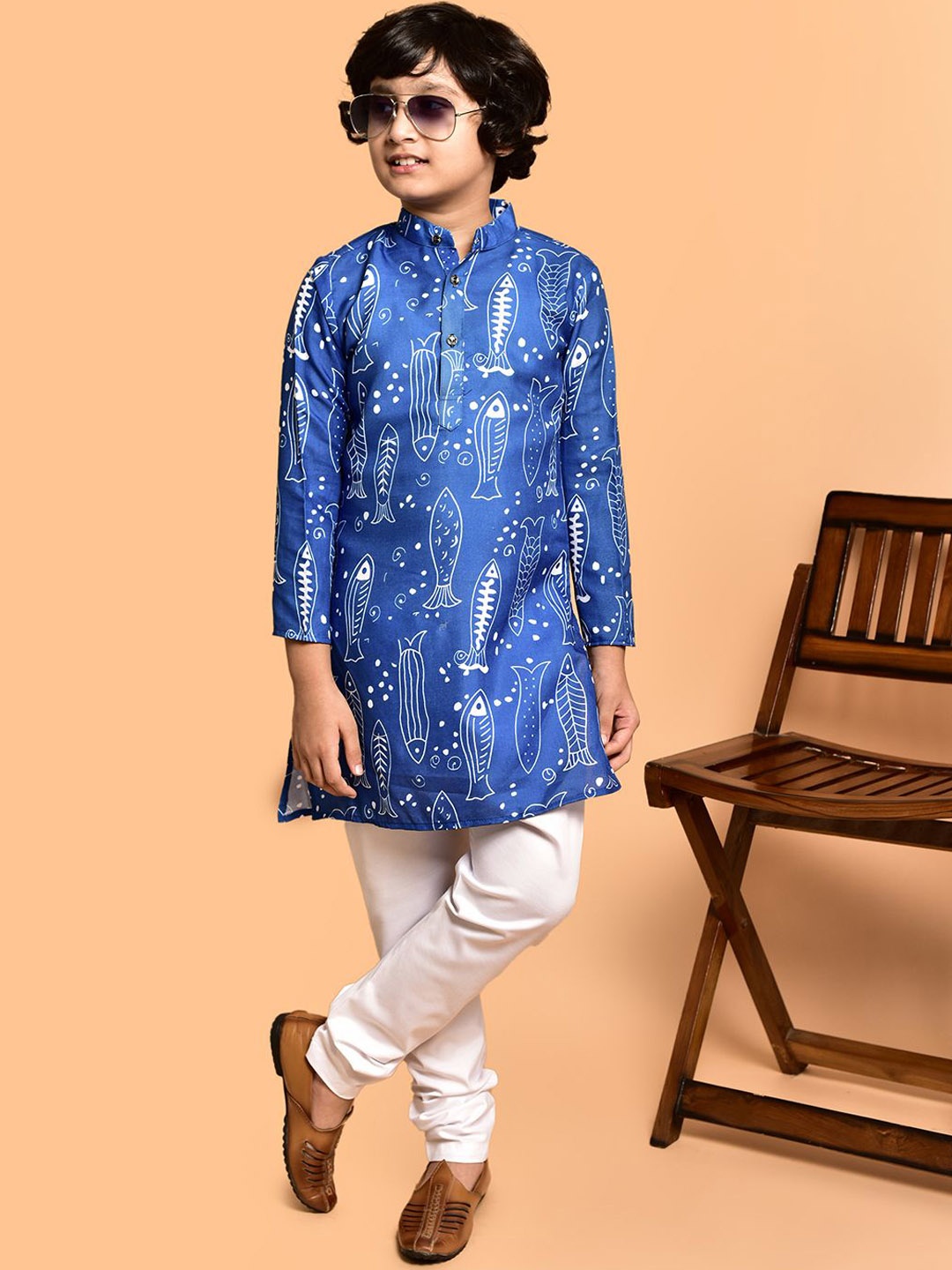 

PRINTCULTR Boys Animal Printed Mandarin Collar Cotton Straight Kurta, Blue