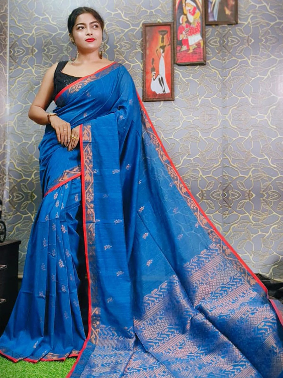 

ODETTE Woven Design Zari Saree With Blouse Piece, Blue