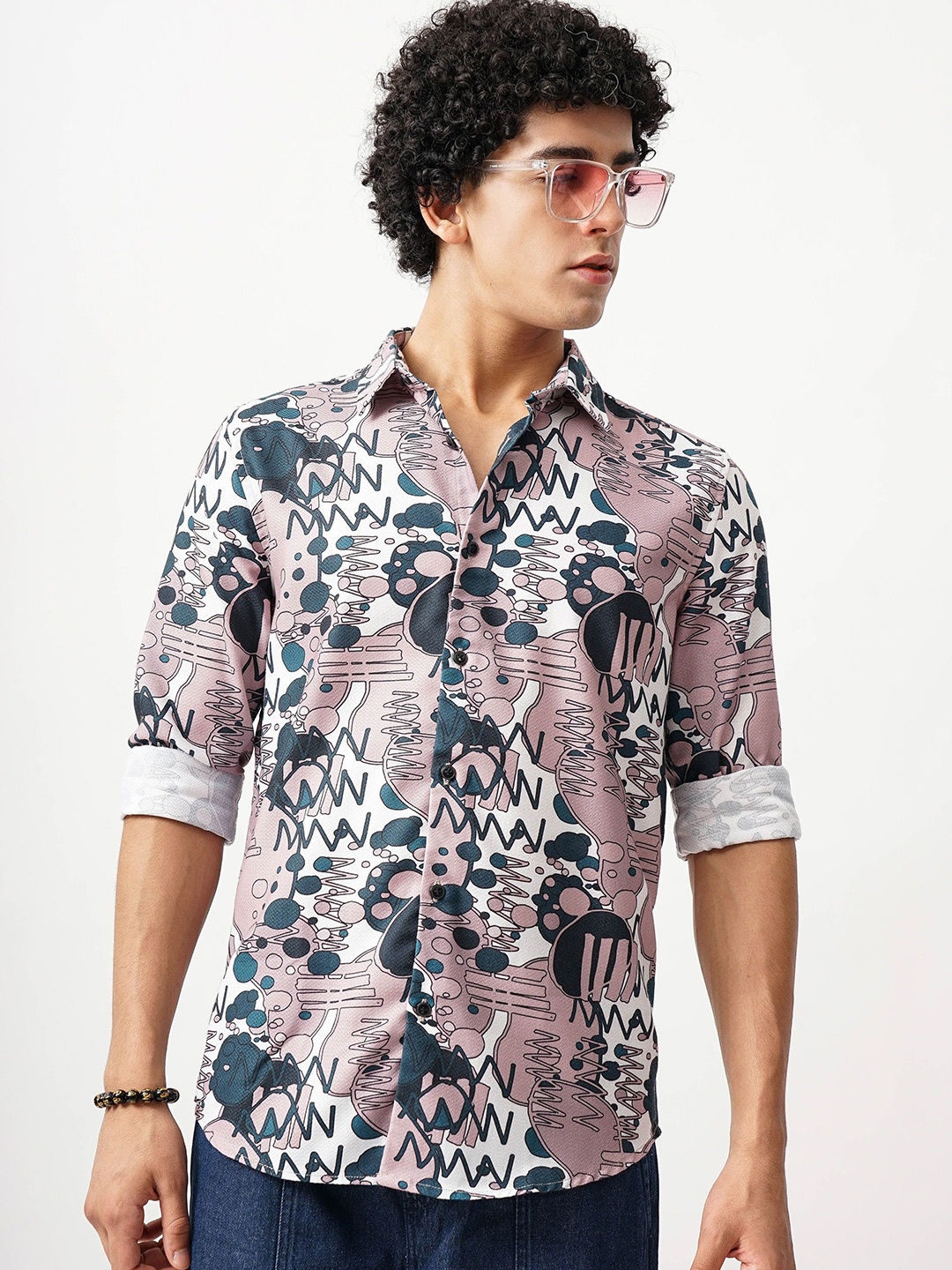 

British Club Men Comfort Spread Collar Abstract Printed Slim Fit Casual Shirt, Mauve