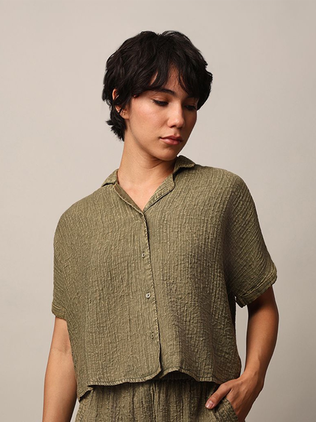 

ONLY Women Cuban Collar Textured Solid Casual Shirt, Olive