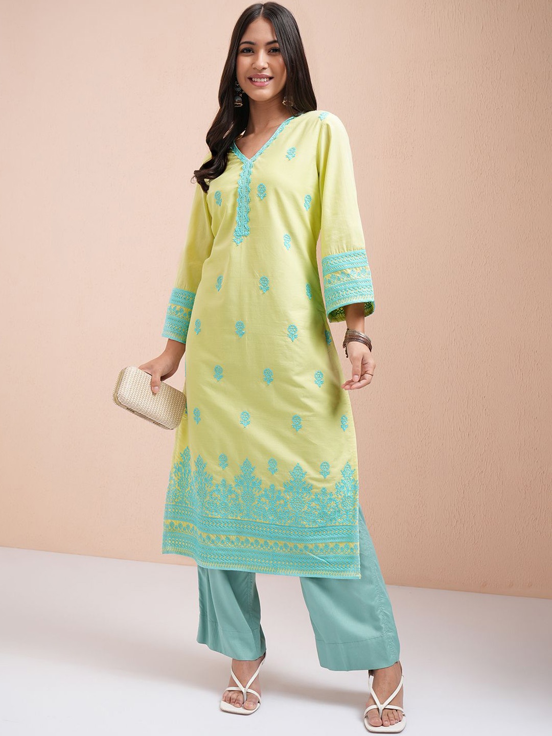 

Vishudh Floral Embroidered V-Neck Straight Kurta, Lime green