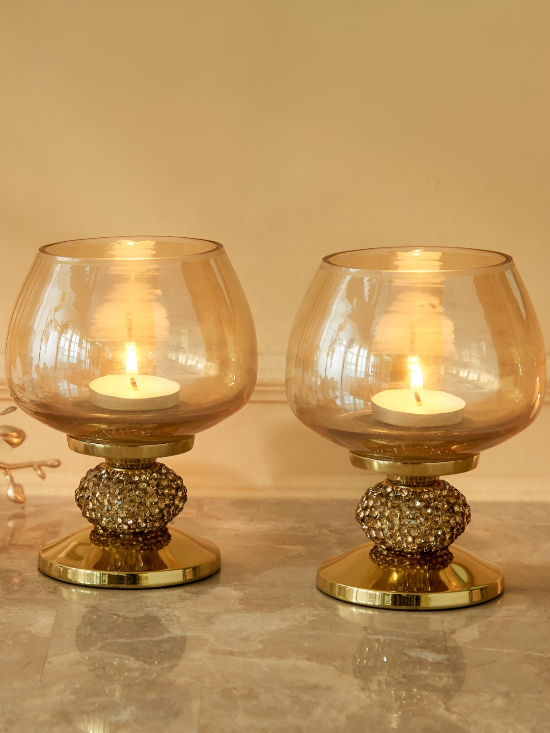 

Home Centre Fables Chrysallis Gold-Toned 2 Pieces Glass T-Light Candle Holder