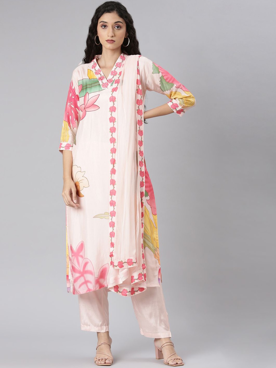 

Neerus Floral Printed Sequined V-Neck Straight Kurta With Trousers & Dupatta, Peach