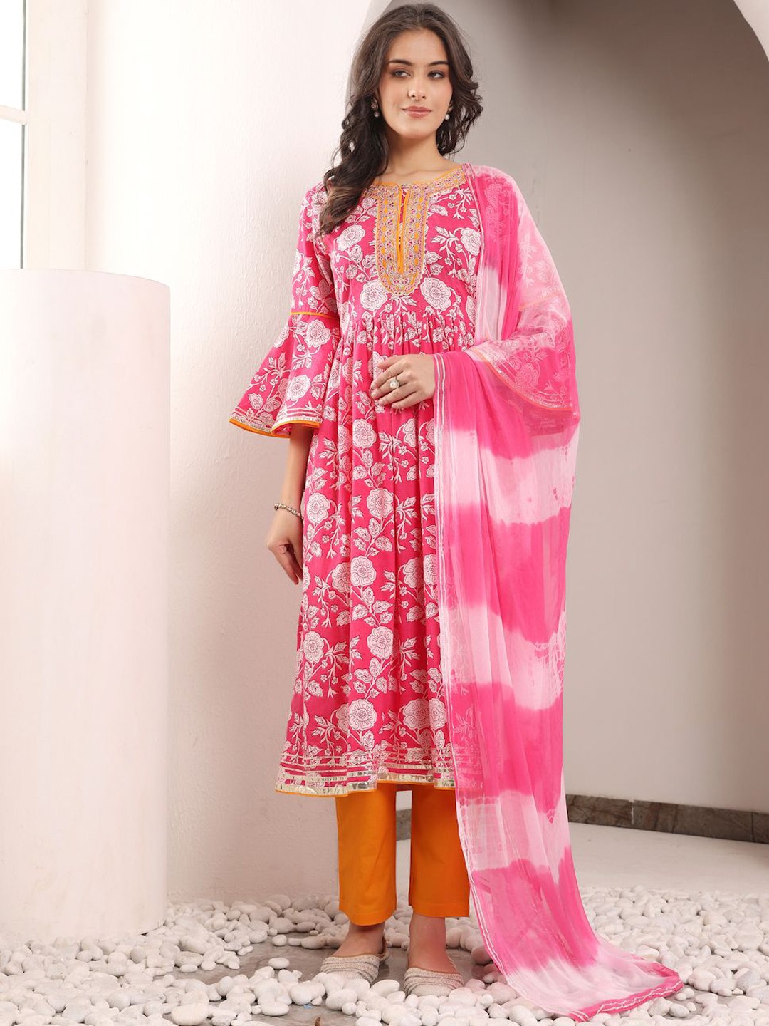 

SAVI Floral Printed Bell Sleeves Thread Work Pure Cotton Kurta with Trousers & Dupatta, Pink