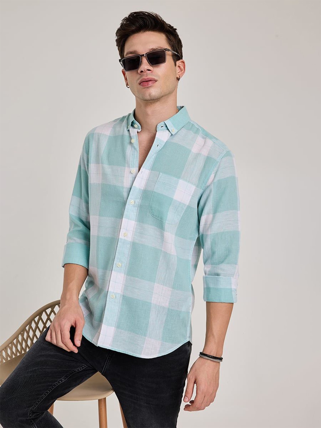 

Snitch Men Smart Button-Down Collar Windowpane Checked Linen Casual Shirt, Turquoise blue
