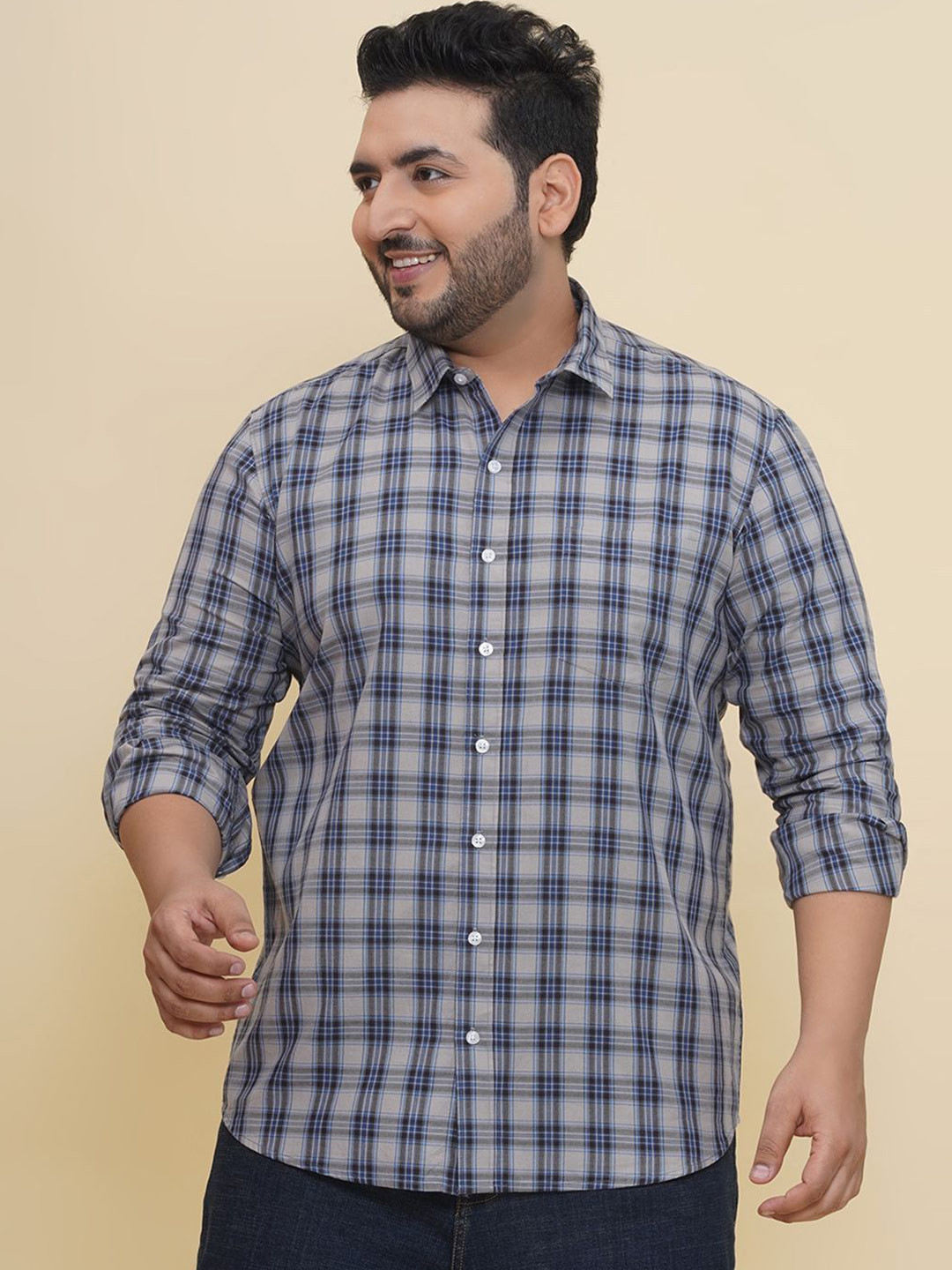 

John Pride Men Spread Collar Tartan Checked Cotton Casual Shirt, Grey