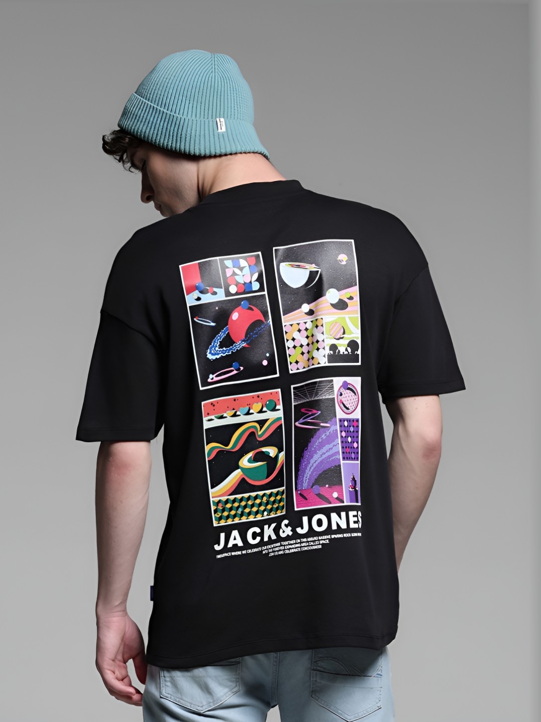 

Jack & Jones Men Graphic Printed Round Neck Cotton Oversized T-shirt, Black