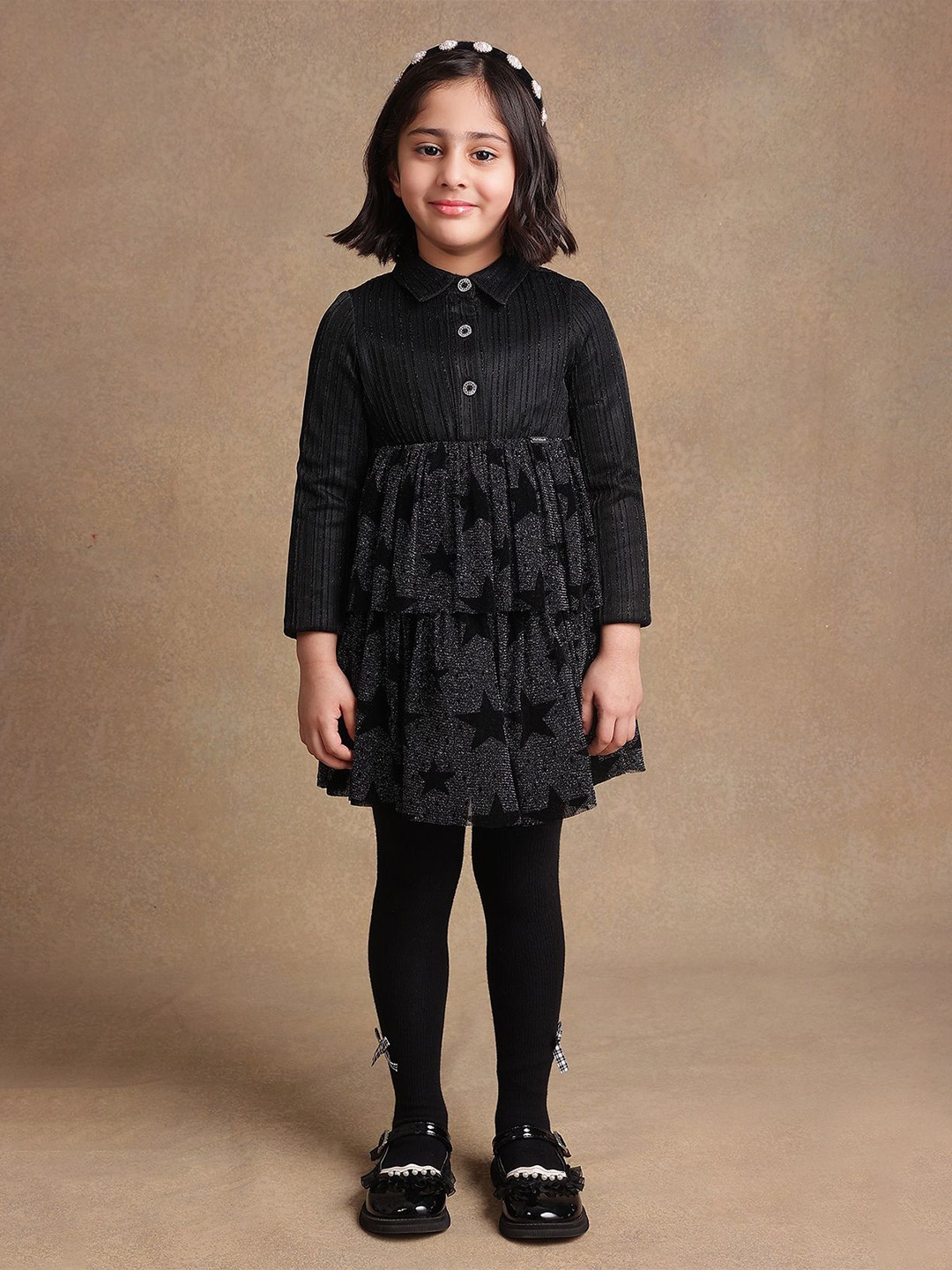 

One Friday Girls Self Design Fit and Flare Dress, Black