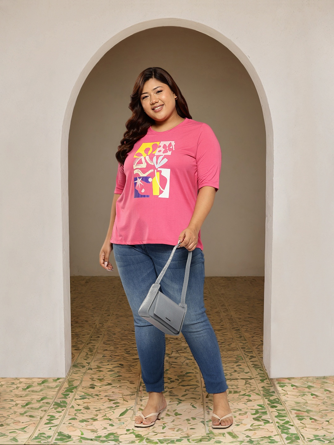 

Sztori Plus Size Printed T-shirt, Pink