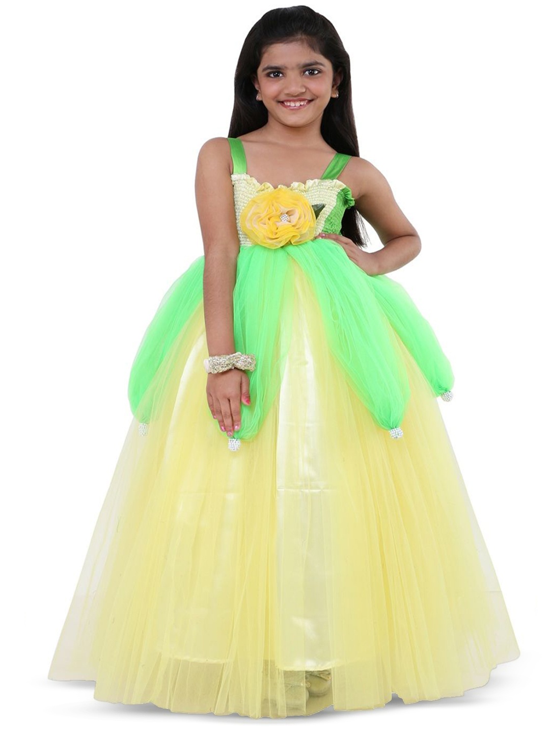 

Wish little Girls Self Design Net Fit and Flare Maxi Dress, Yellow