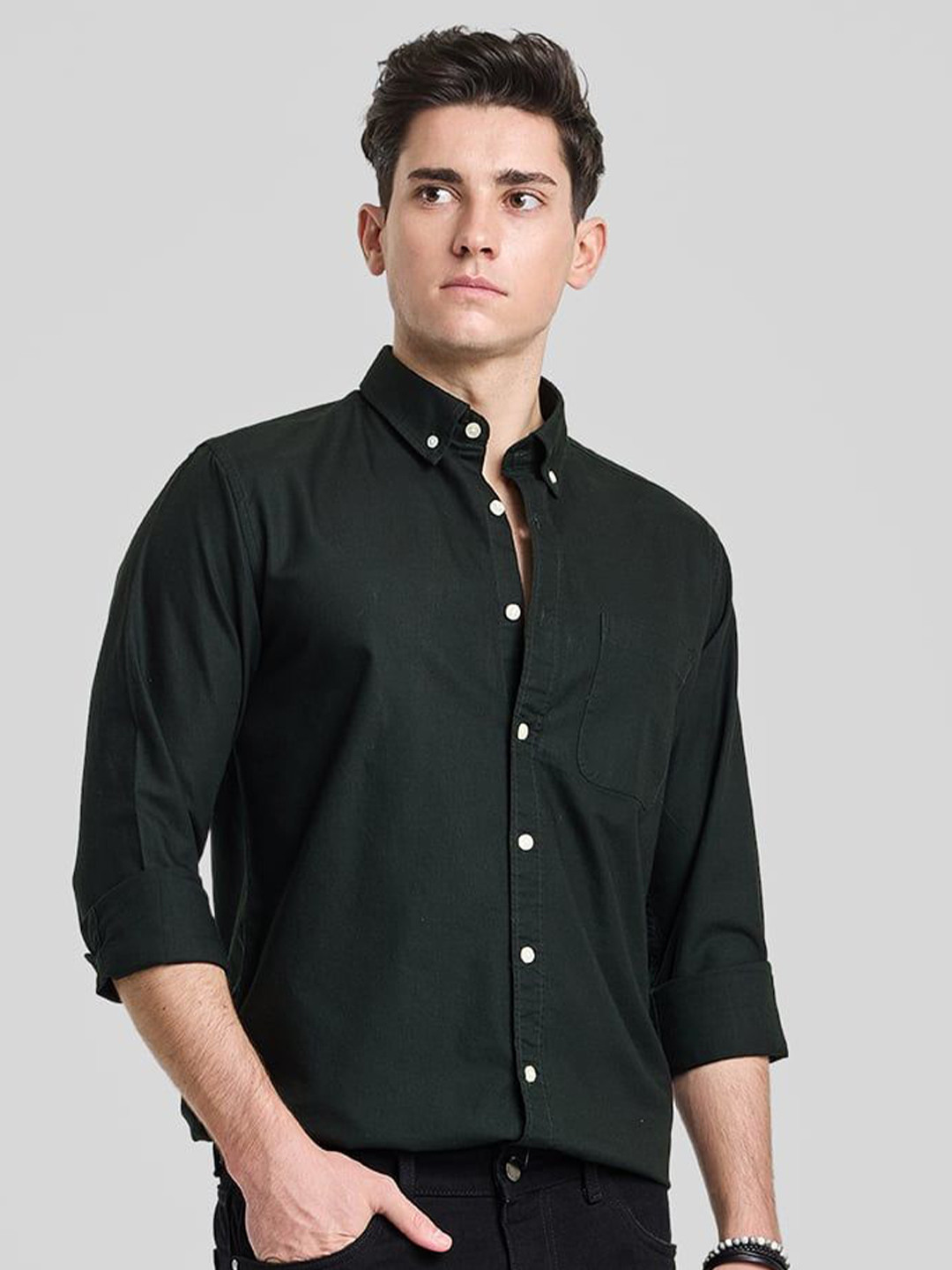 

Snitch Men Smart Button-Down Collar Solid Cotton Slim Fit Casual Shirt, Black