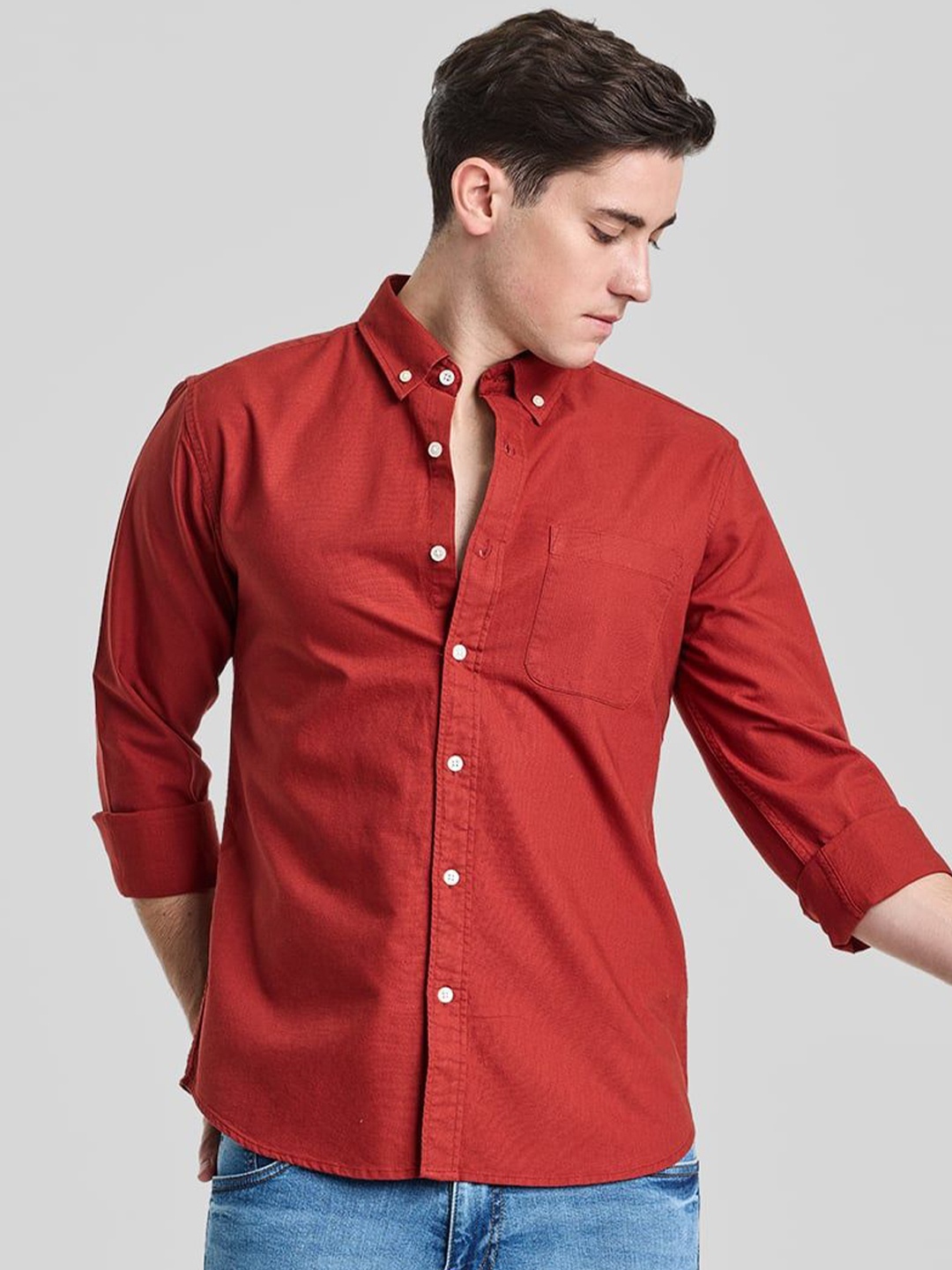 

Snitch Men Smart Button-Down Collar Solid Cotton Slim Fit Casual Shirt, Red