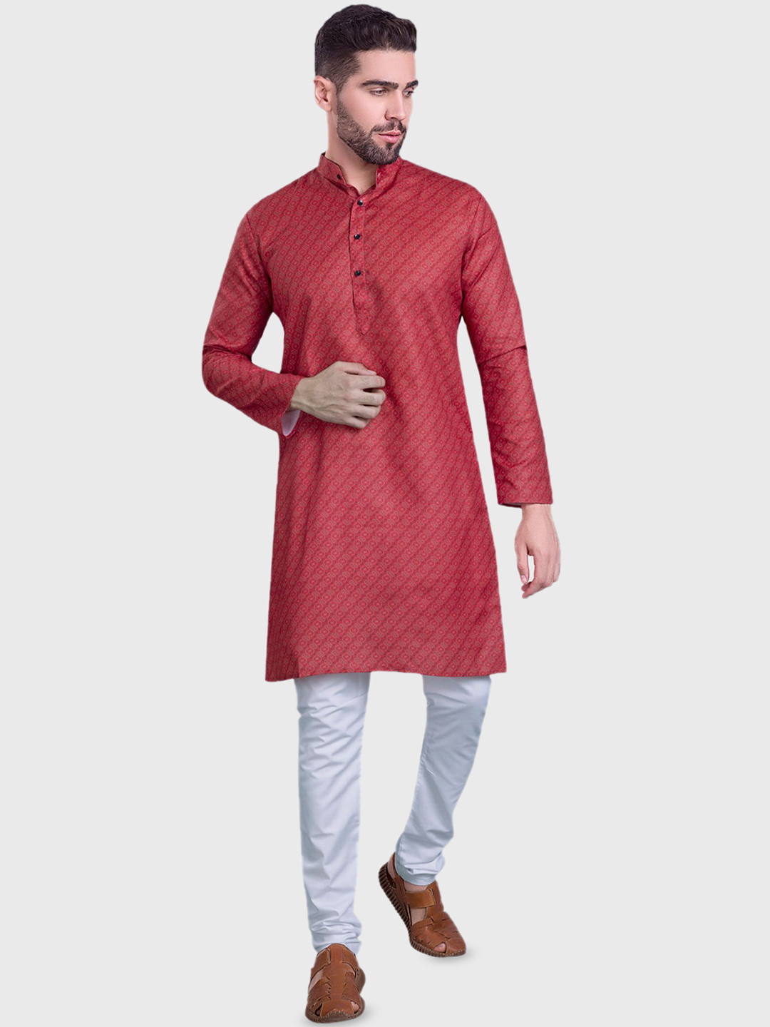 

ENCINO Ethnic Motifs Printed Band Collar Cotton Straight Kurta, Red