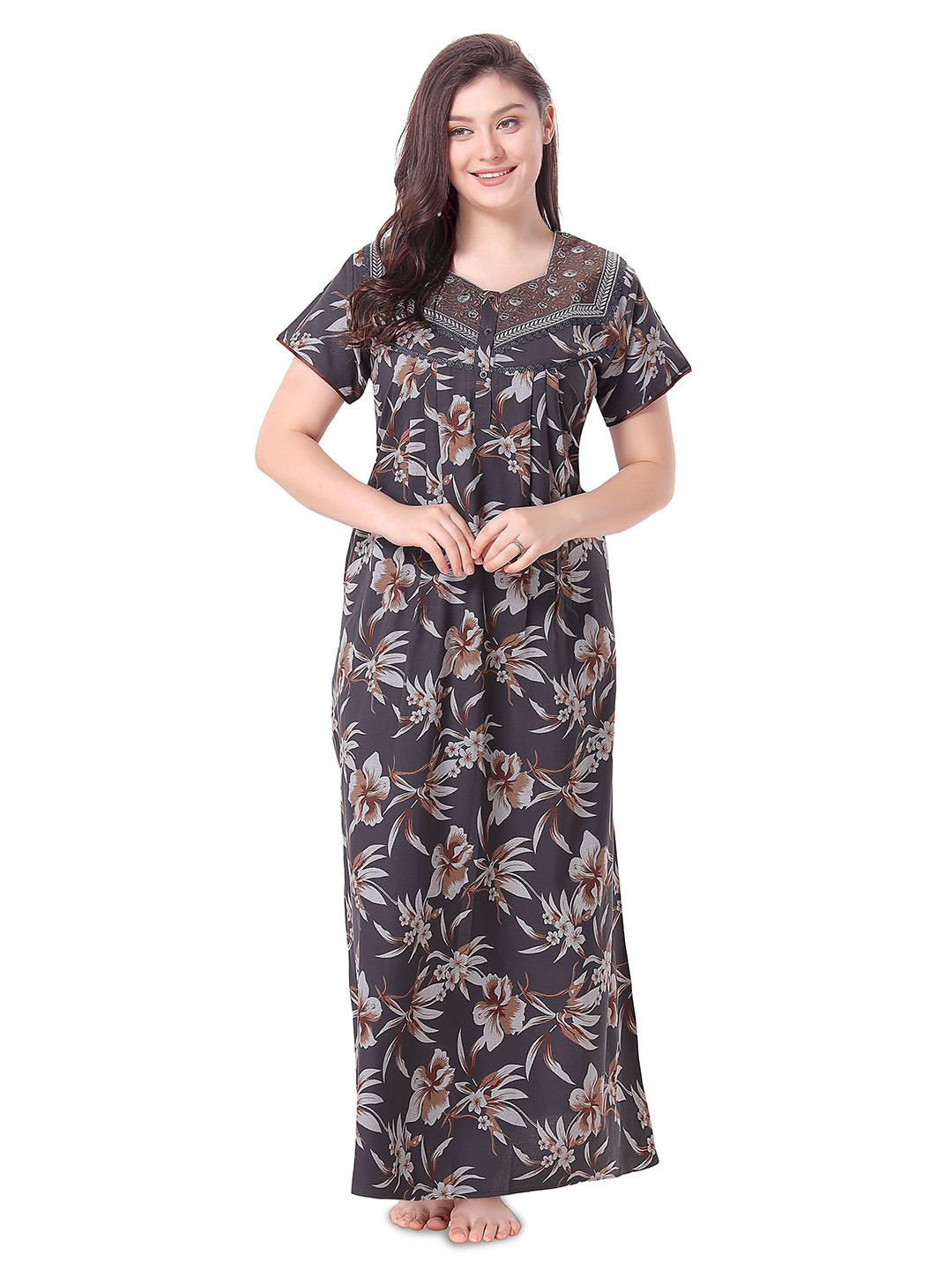 

Soulemo Women Floral Printed Maxi Nightdress, Grey
