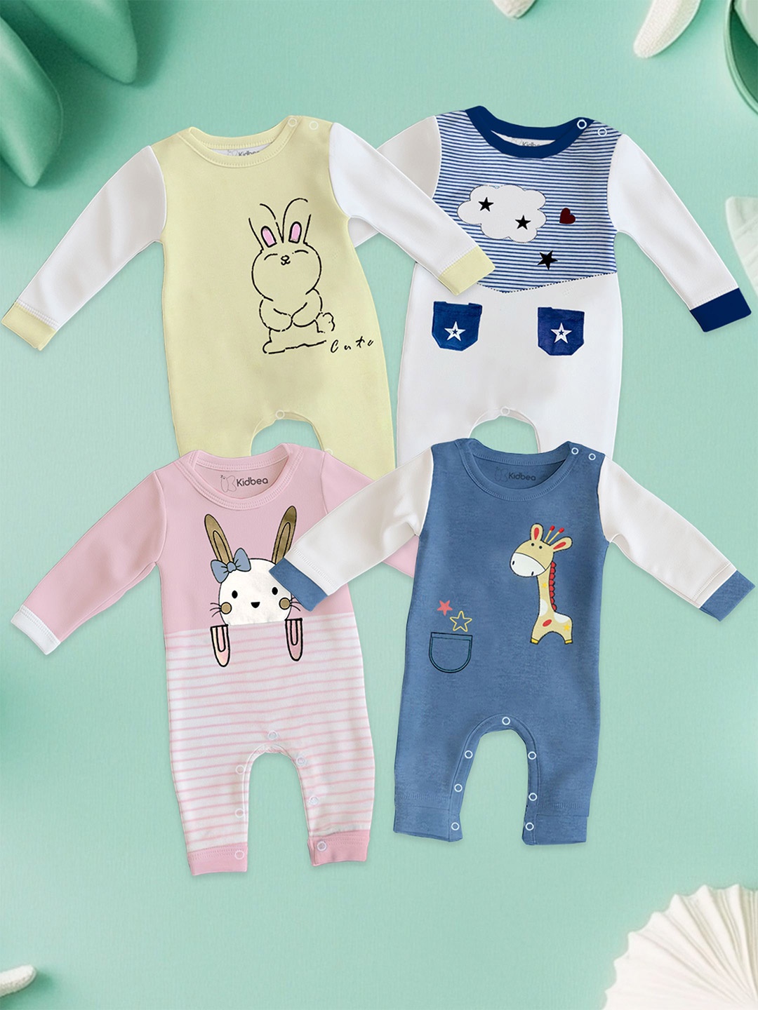 

Kidbea Pack Of 4 Printed Rompers, Yellow