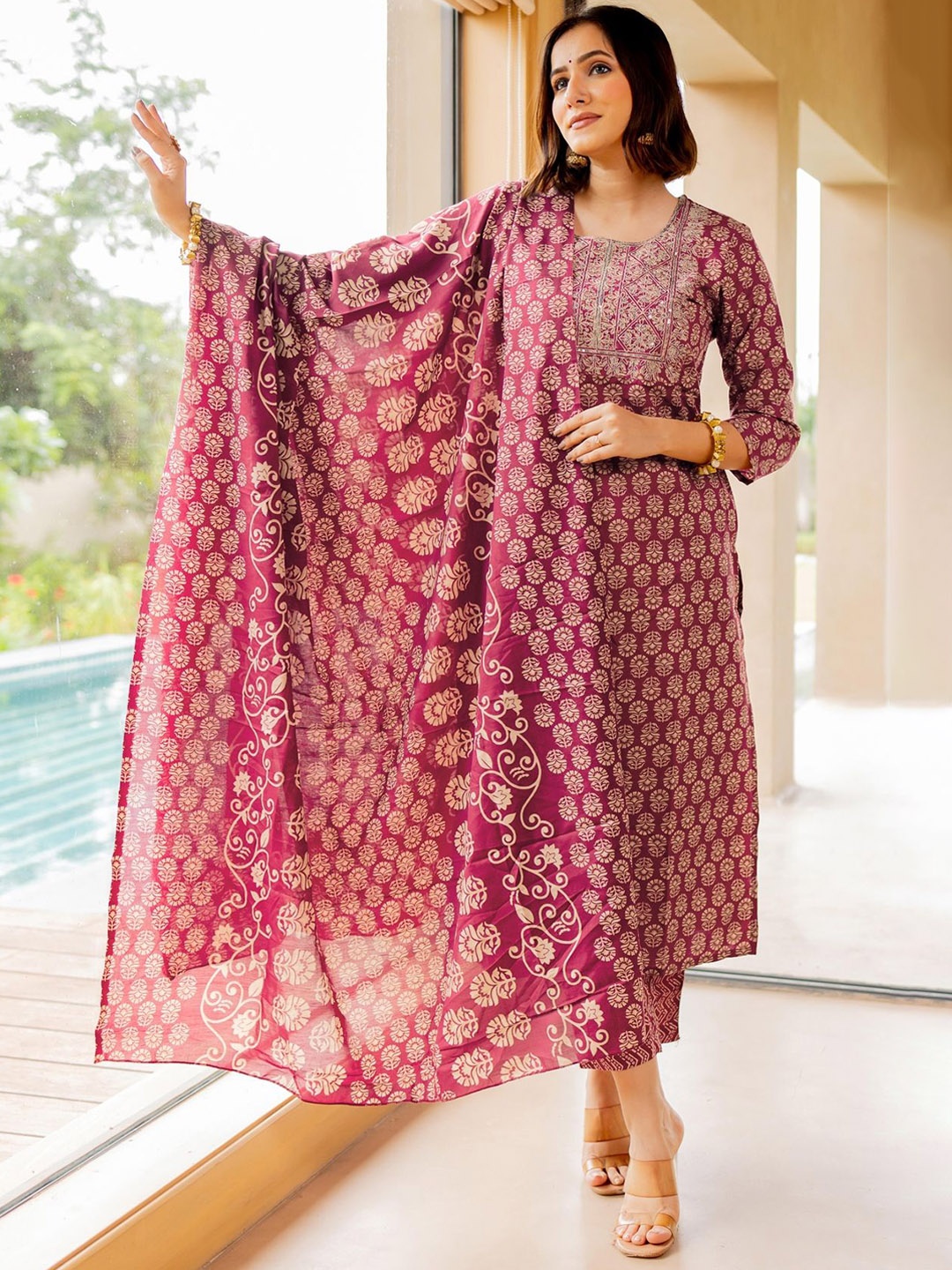 

KALINI Floral Printed Sequinned Kurta With Trousers & Dupatta, Maroon