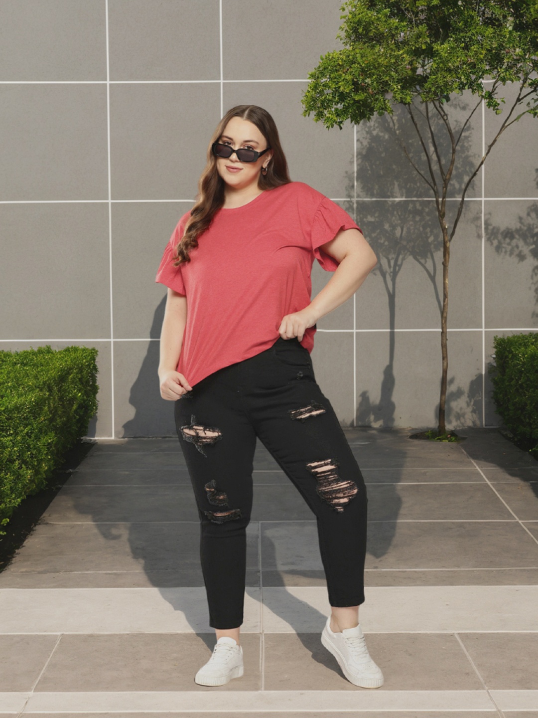 

Sztori Plus Size Drop-Shoulder Flared Sleeve Regular Fit T-shirt, Red