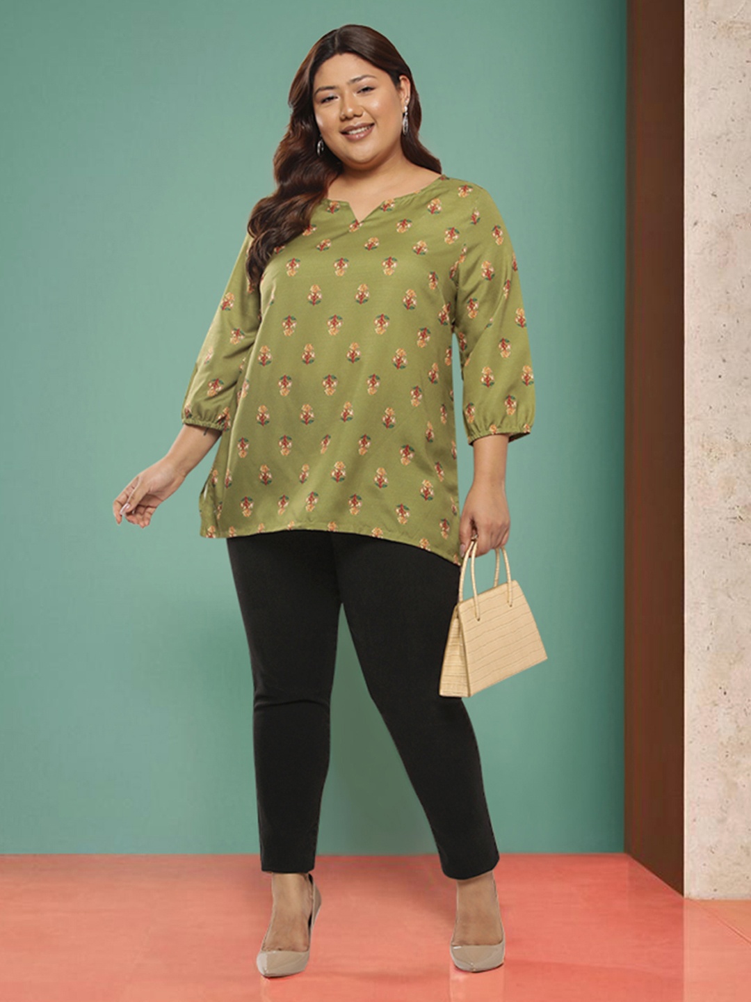 

Sztori Plus Size Ethnic Motifs Printed Kurti, Green