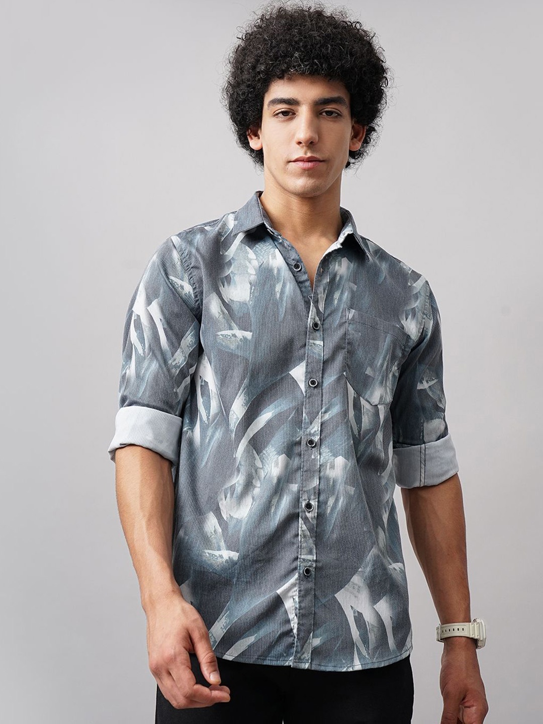 

British Club Men Comfort Spread Collar Abstract Printed Cotton Casual Shirt, Charcoal