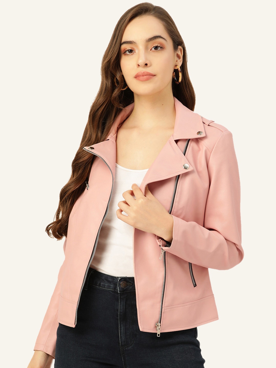 

Leather Retail Women Biker Jacket with Embroidered, Pink