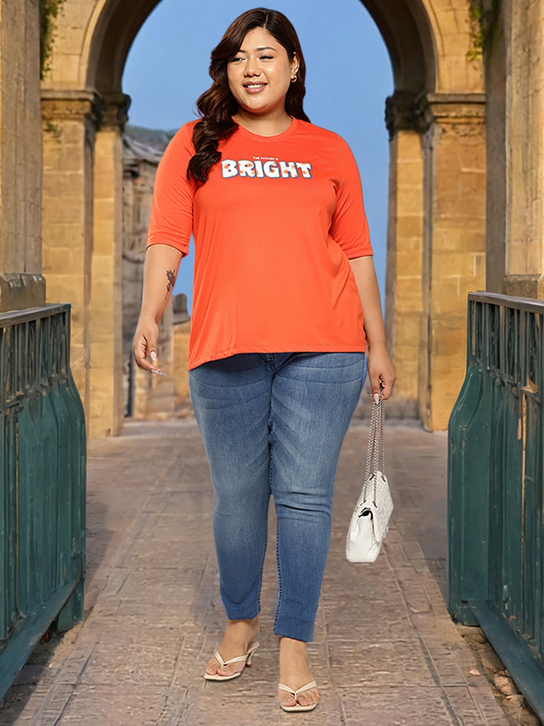 

Sztori Plus Size Typography Printed T-shirt, Orange