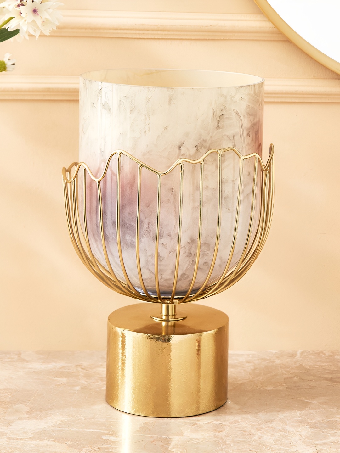 

Home Centre Paloma Rio Gold-Toned & Off White Metal Hurricane Candle Holder