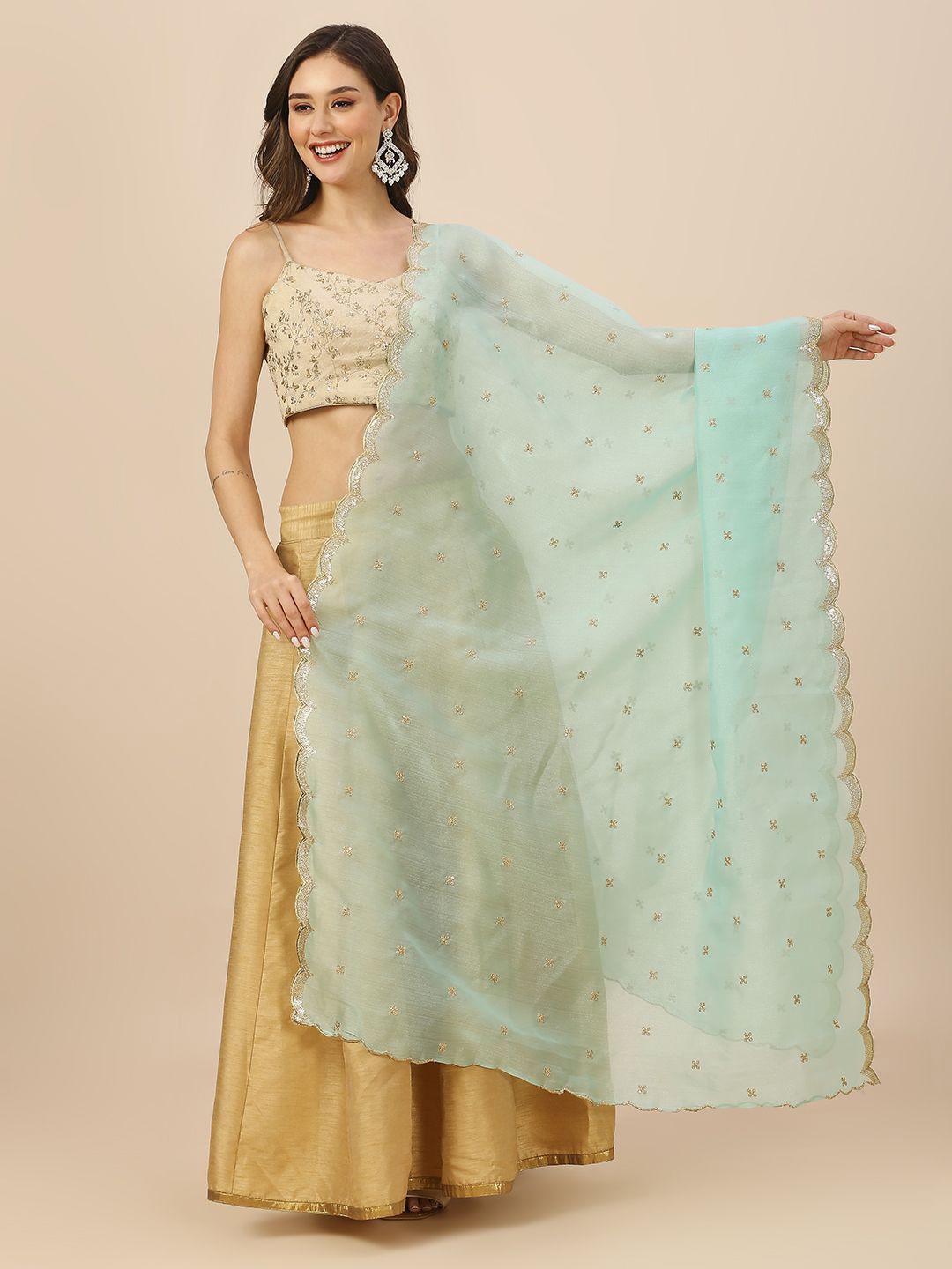 

Dupatta Bazaar Floral Embroidered Sequinned Dupatta, Sea green