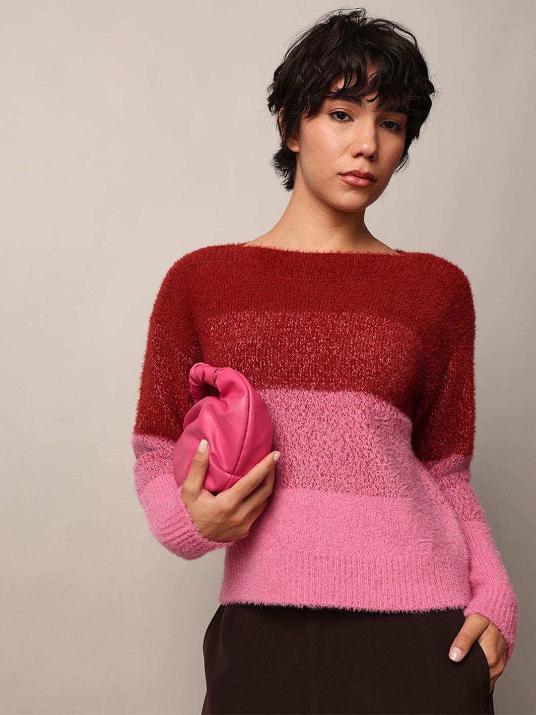 

ONLY Women Colourblocked Boat Neck Pullover Sweater, Pink