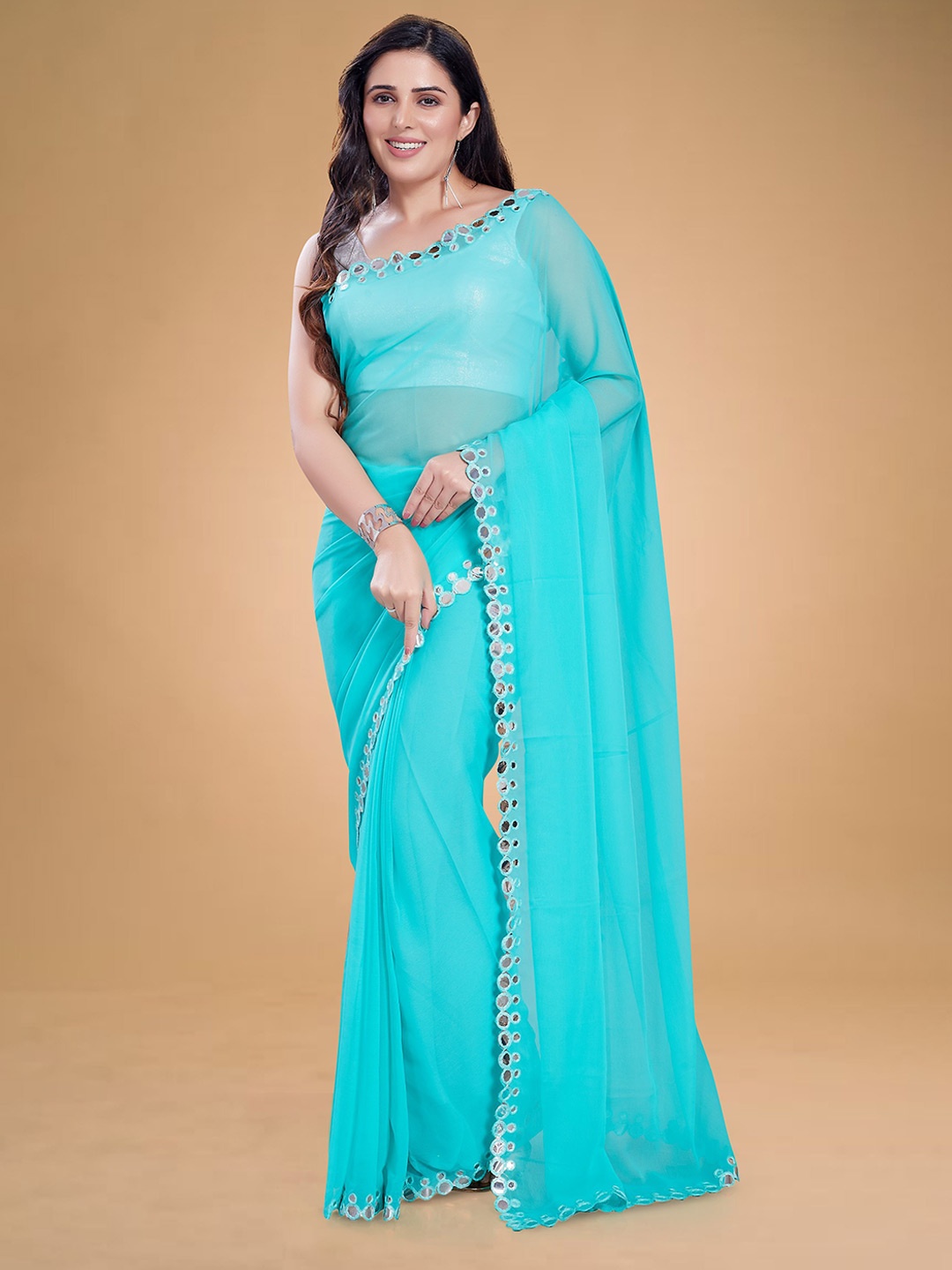 

Rani Saahiba Mirror Work Saree, Turquoise blue