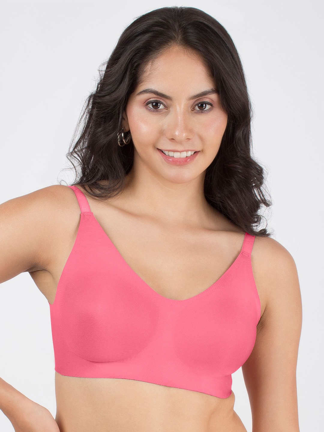 

Dressberry Lightly Padded Invisibra Elastic-Free Bottom Band Seamless Bonded Bra, Coral