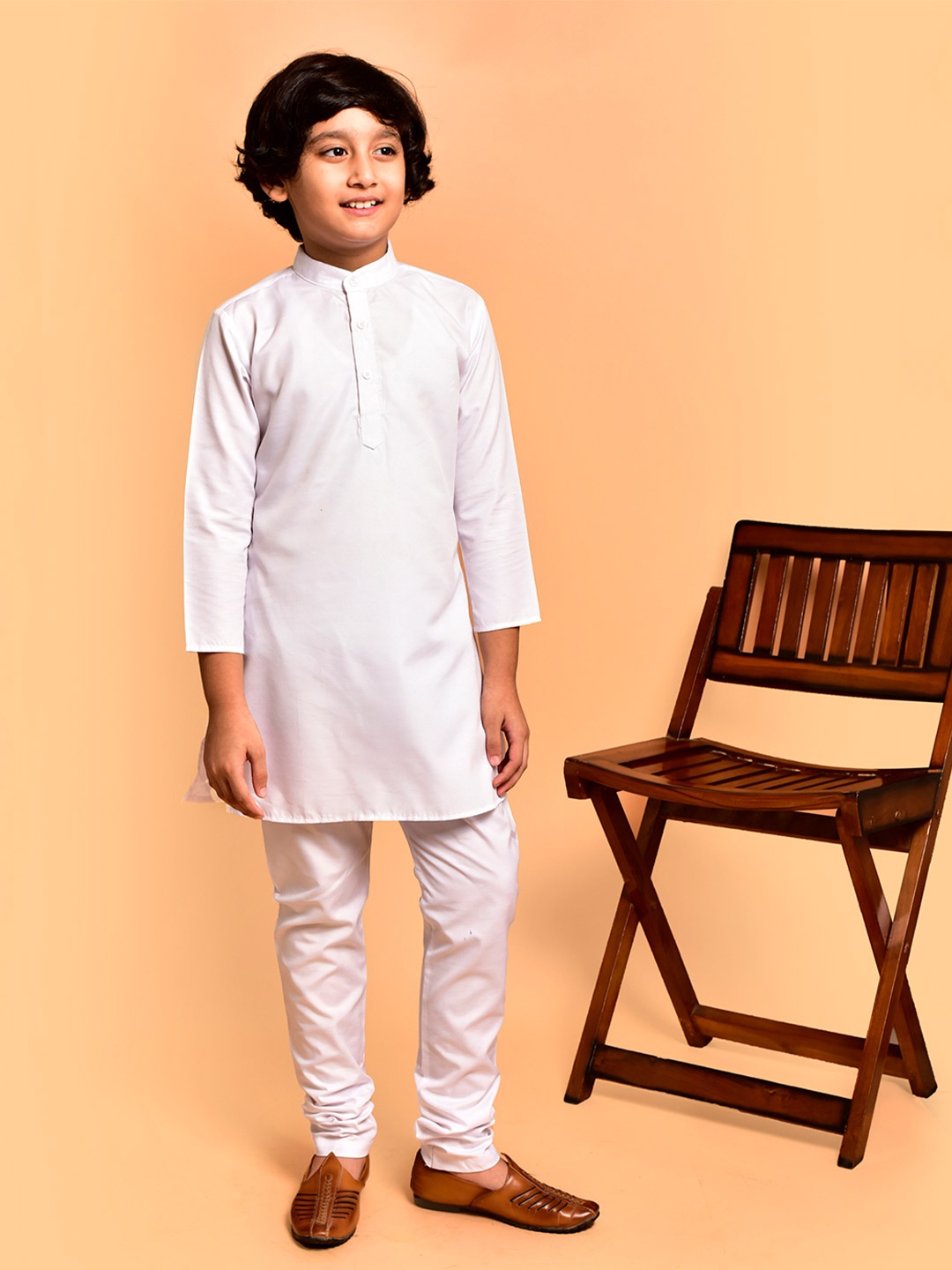 

PRINTCULTR Boys Three-Quarter Sleeves Regular Straight Kurta & Churidar & Nehru Jacket, White