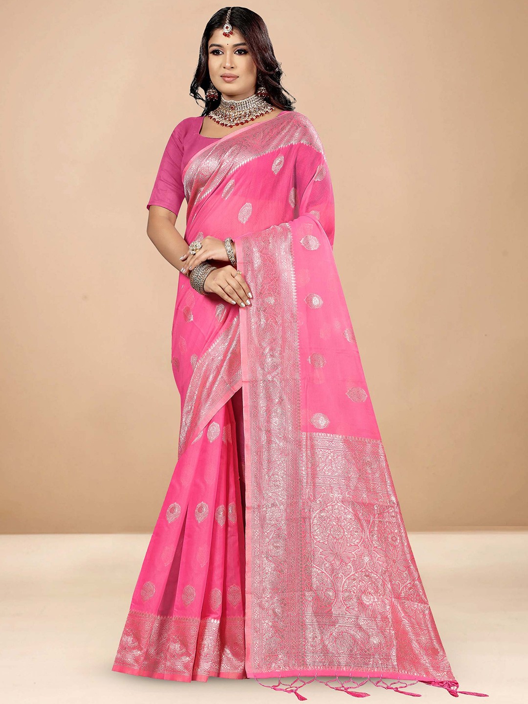 

Anouk Rustic Woven Design Chanderi Saree, Pink