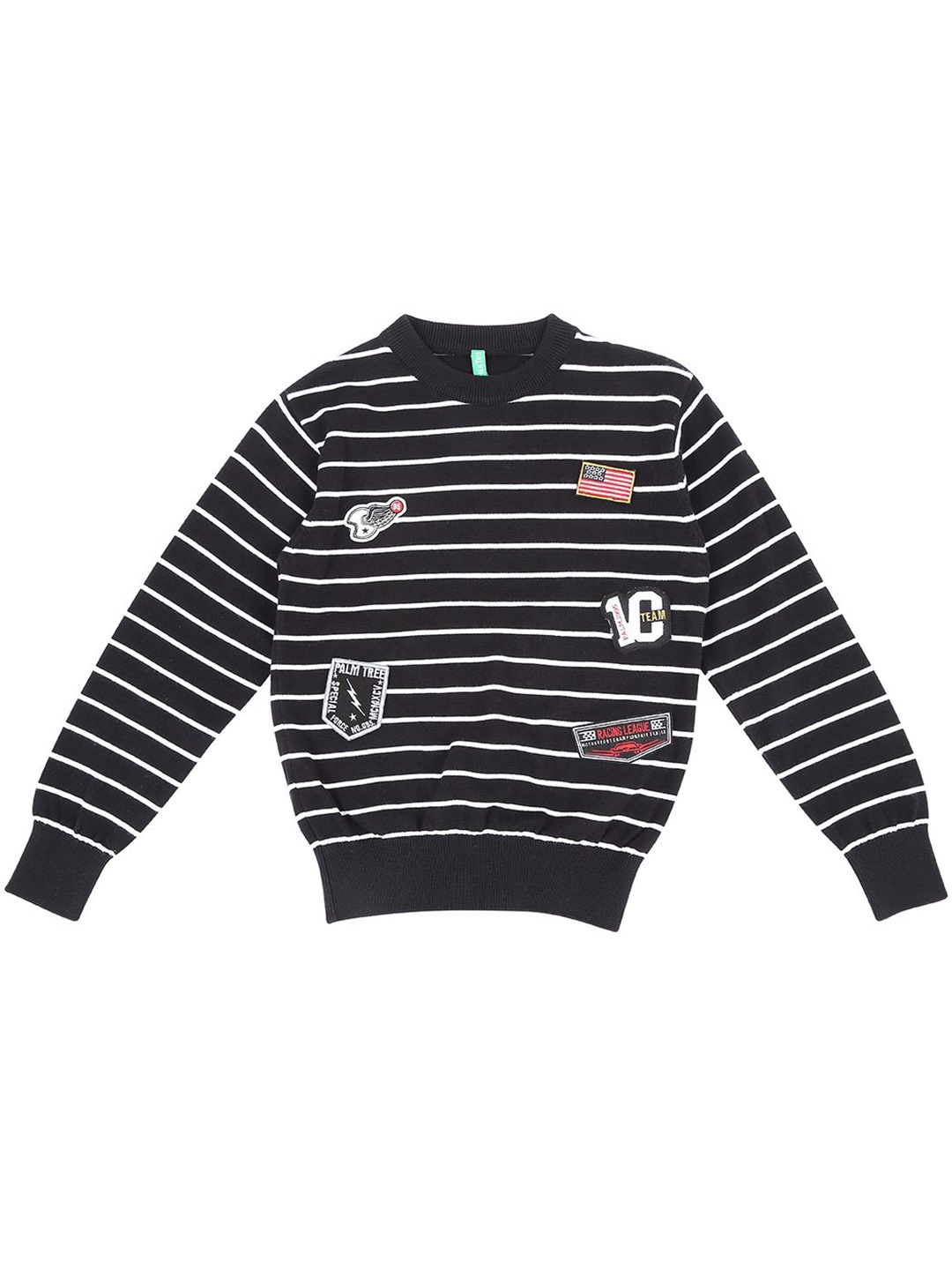 

Palm Tree Boys Striped Pullover with Applique Detail, Black