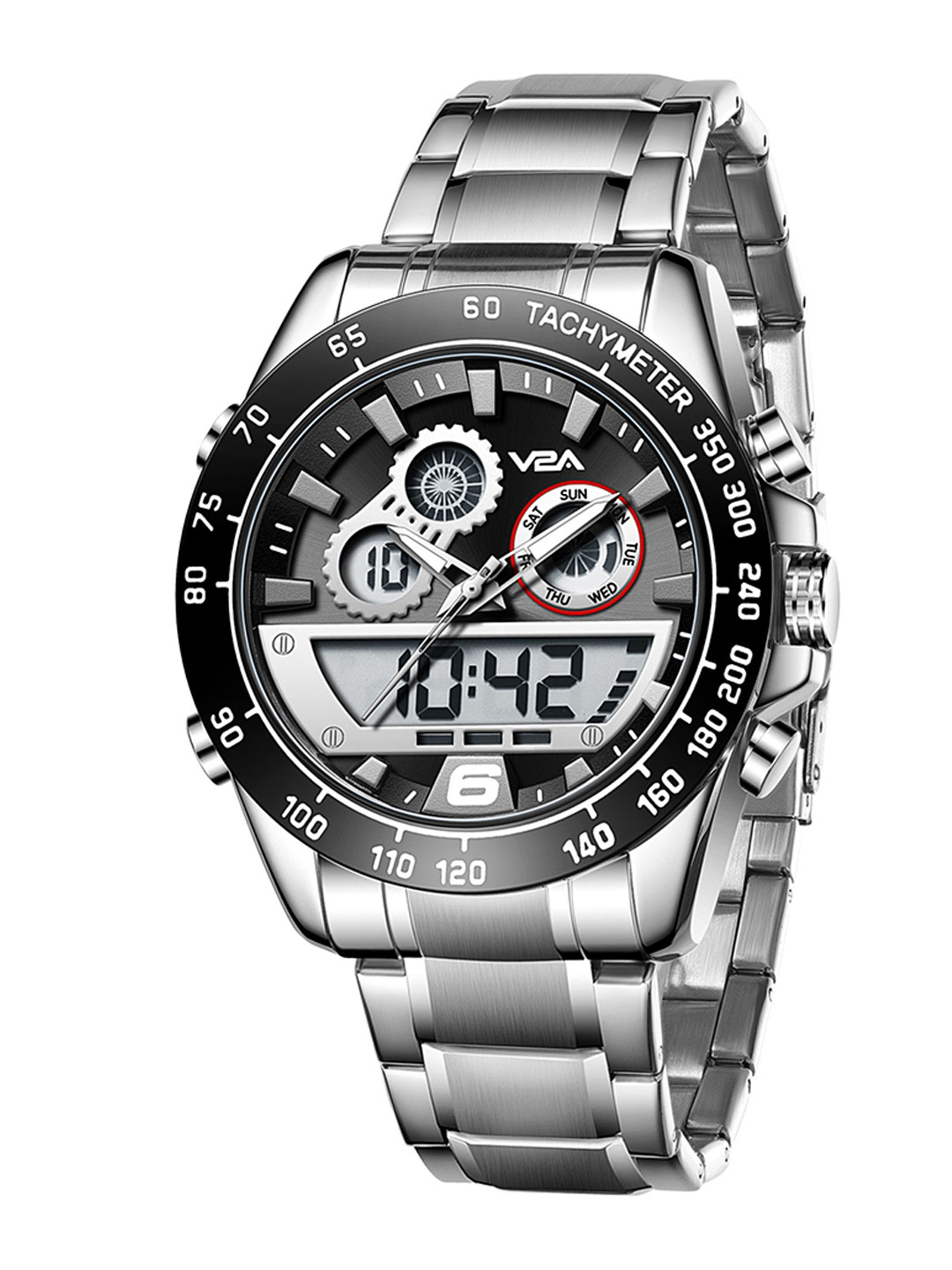 

V2A Men Dial & Stainless Steel Bracelet Style Straps Analogue and Digital Watch V2A-JF-2106-Slvr-Blk, Black