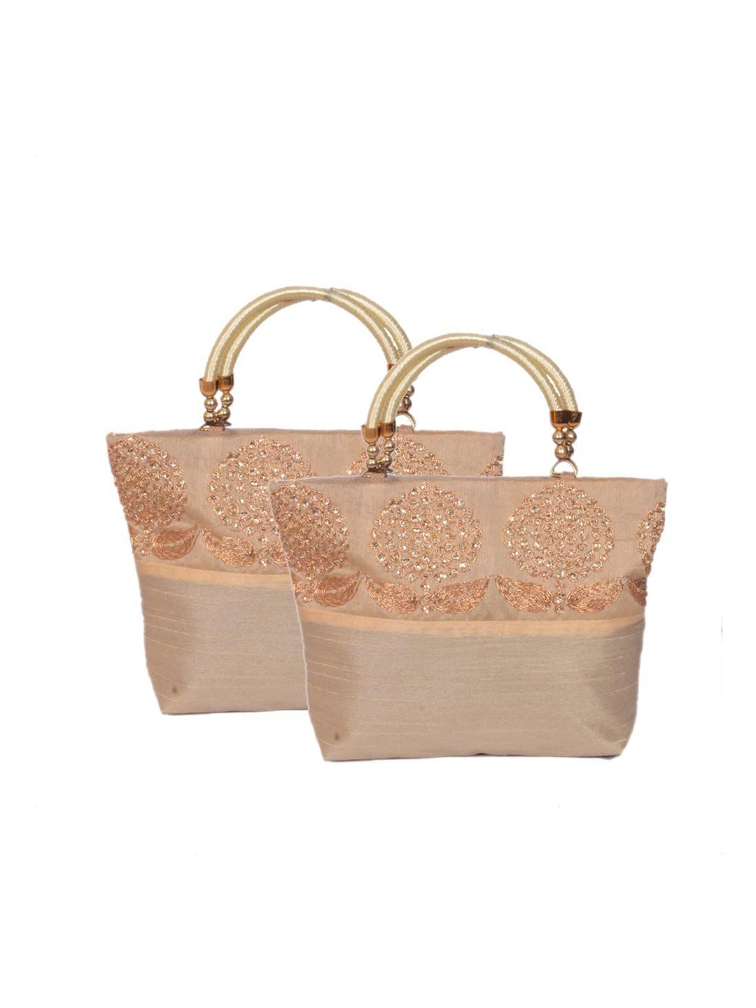 

prettykrafts Set Of 2 Floral Embellished Structured Handheld Bags, Beige