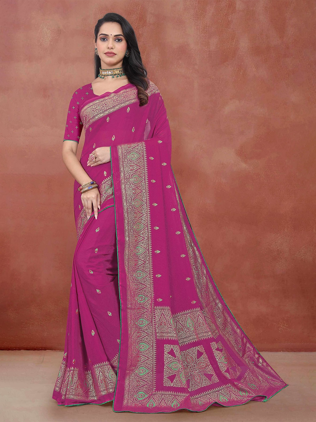 

STAVA CREATION Ethnic Motifs Embellished Pashmina Saree, Pink