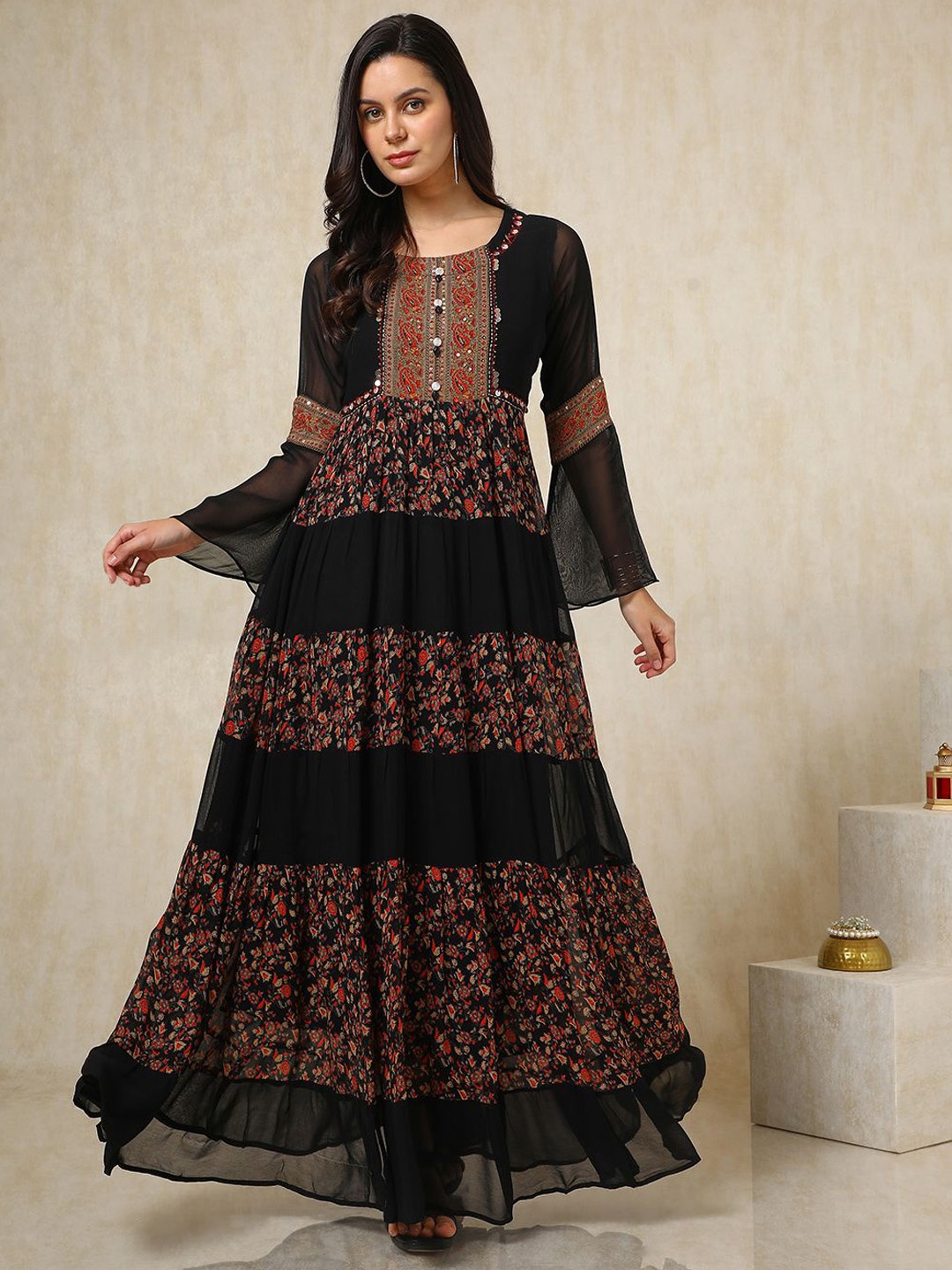 

Soch Floral Printed Bell Sleeves Fit & Flared Maxi Dress, Black