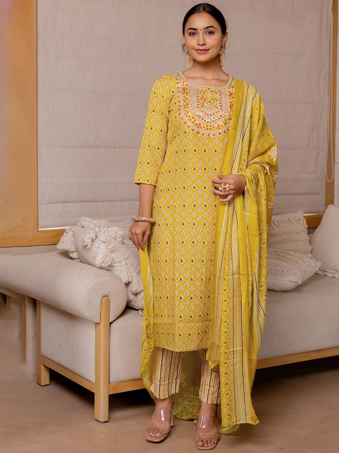 

KALINI Ethnic Motifs Printed Mirror Work Kurta With Trousers & Dupatta, Mustard