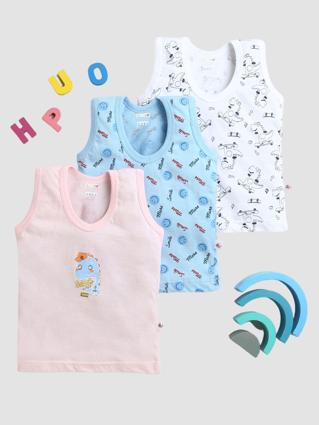 

BUMZEE Boys Pack Of 3 Printed Cotton Innerwear Vests, Pink