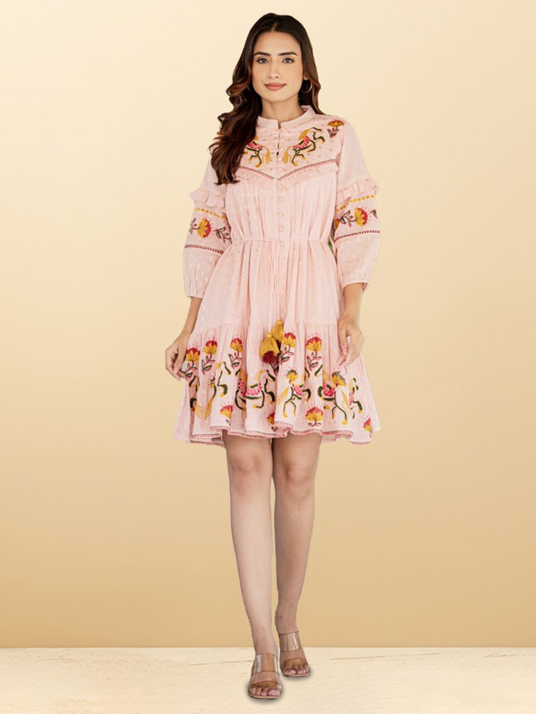 

CUSTARD Ethnic Motif Embroidered Puff Sleeve A-Line Cotton Dress, Pink