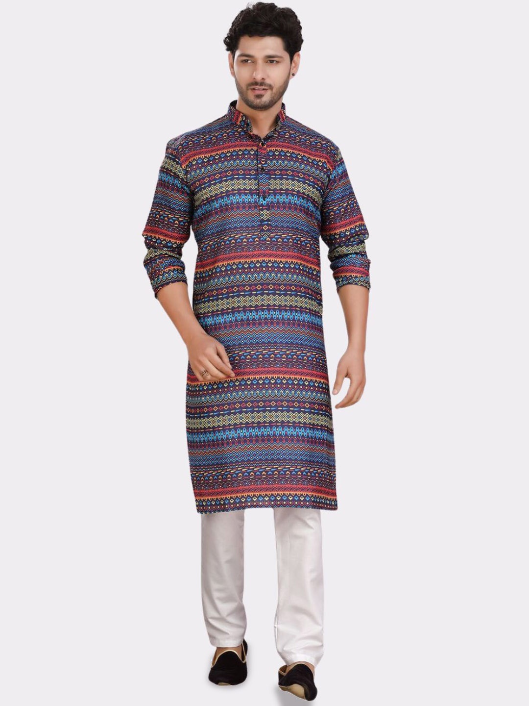 

ENCINO Geometric Printed Mandarin Collar Cotton Straight Kurta, Navy blue