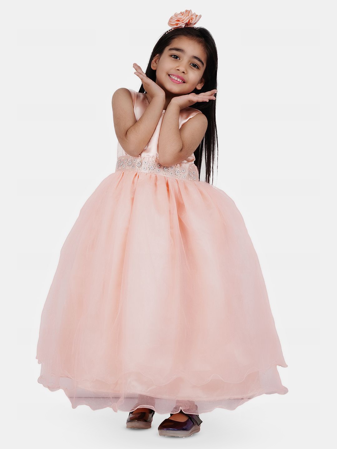 

Wish little Girls Self Design Net Fit and Flare Maxi Dress, Peach